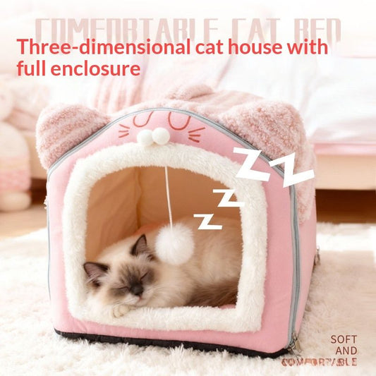 Removable And Washable Plush Warm Pet Bed With Full Enclosure