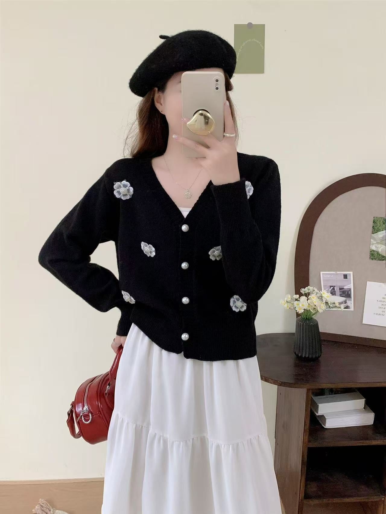 Korean-style 3D Floral Beaded Knit Cardigan For Women Autumn