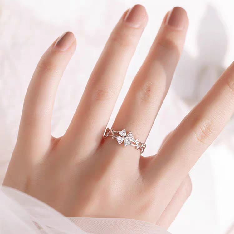 1 Piece 999 Sterling Silver Four-Leaf Clover CZ Ring, Delicate Vine Band Style, For Daily Wear & Valentine's Gifts