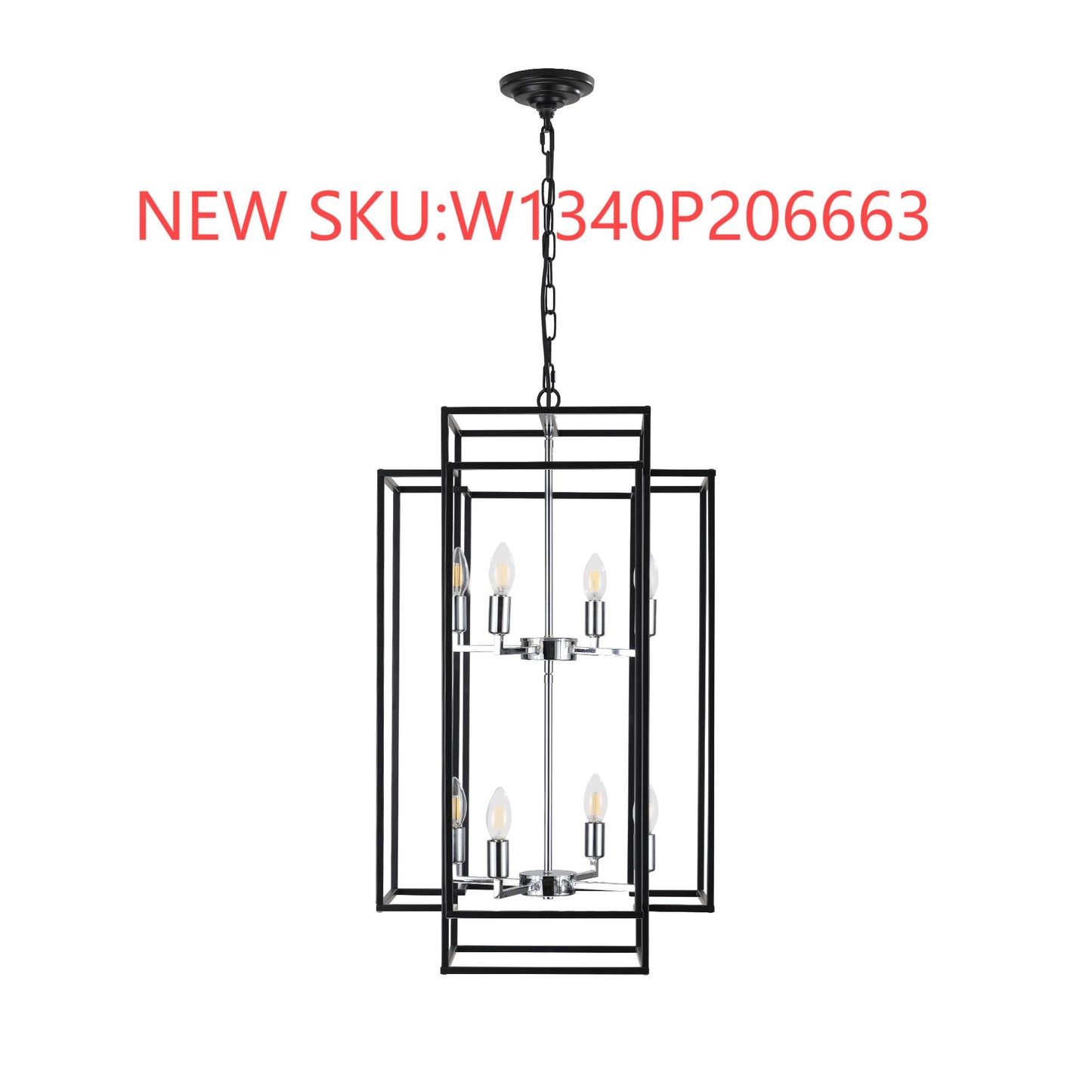 18 Modern 8-Light Black & Chrome Geometric Pendant Chandelier, Industrial Metal Frame, Adjustable Hanging Light For Living Room, Dining Room, Kitchen No Bulbs