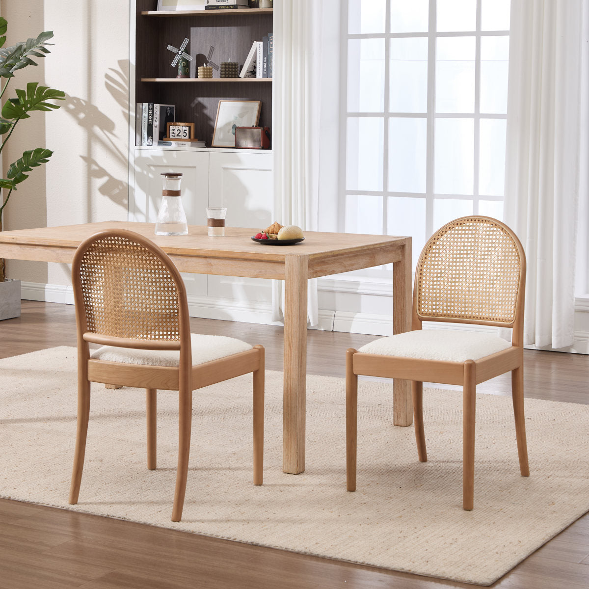 Rattan Dining Chairs Set of 2, Upholstered Linen Dining Room Chairs with Backrests, Modern Kitchen Chairs with Wood Legs for Dining Room, Beige