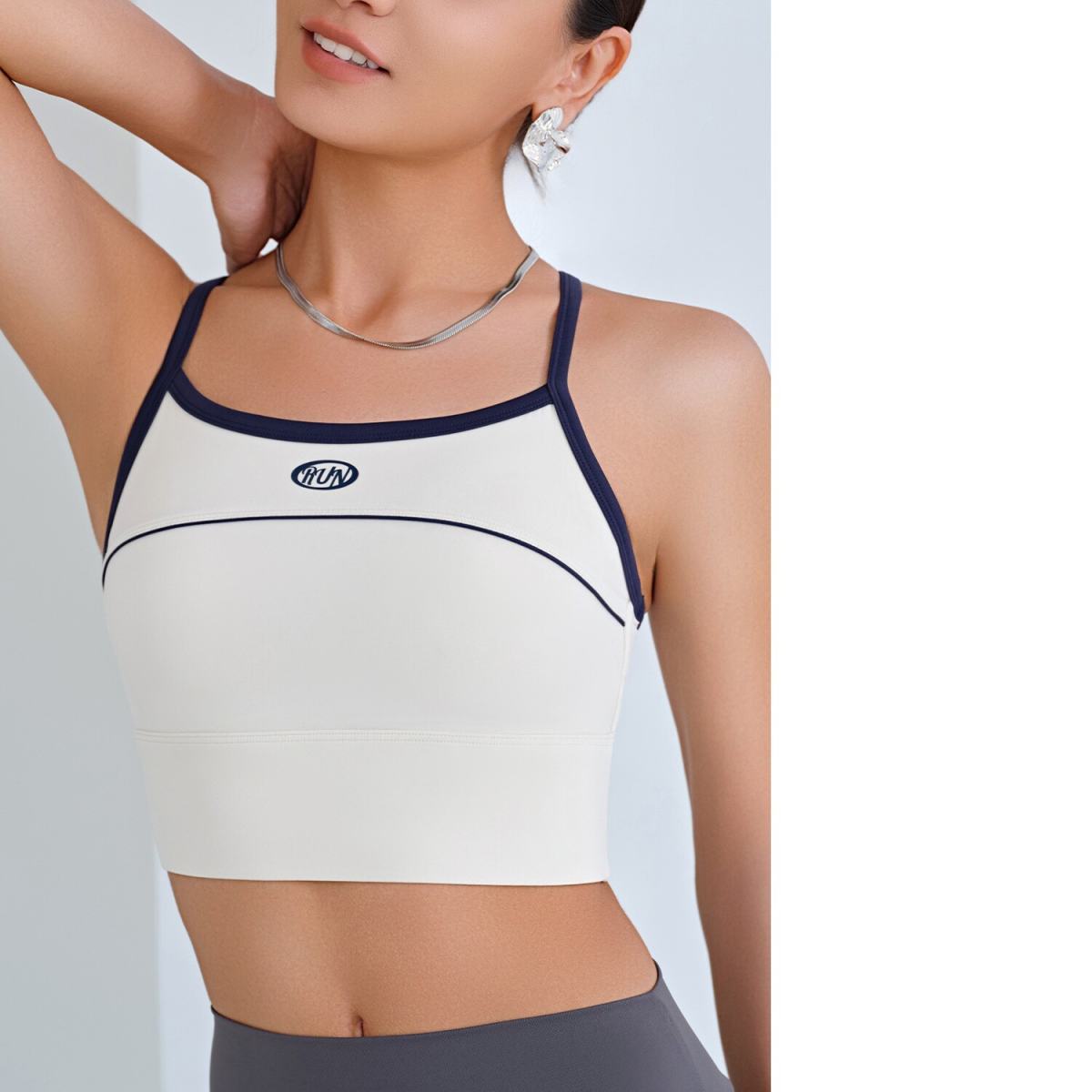 Color-blocked Sports Bra With Integrated Cups, Shockproof, Anti-exposure, Outerwear Style, Racerback Design, Thin Shoulder Straps, Yoga Bra