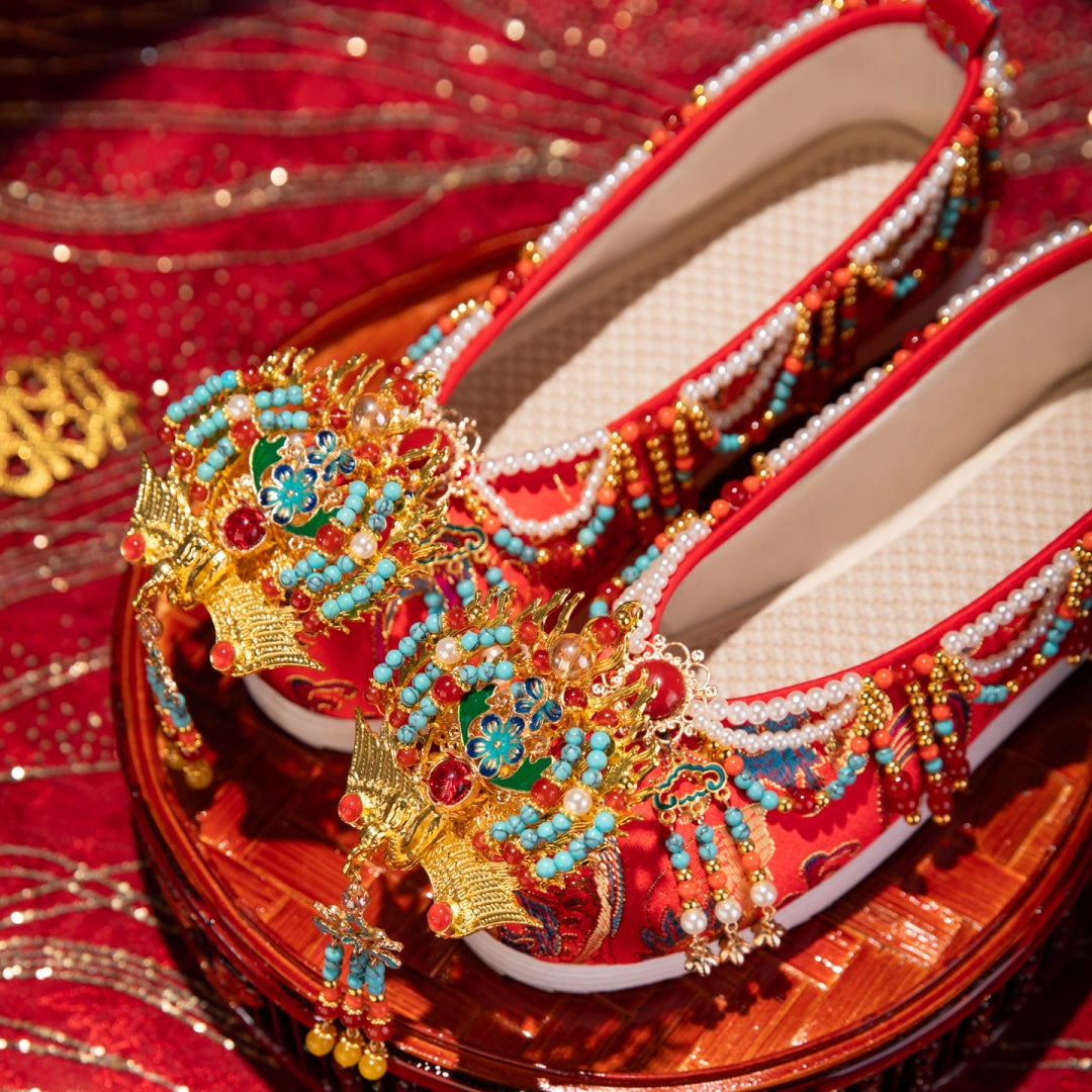 Handmade Original Chinese-Style M Ing Dynasty Wedding Shoes For Women, Red Beaded Xiuhe Bride Shoes, Premium Traditional Chinese Wedding Shoes