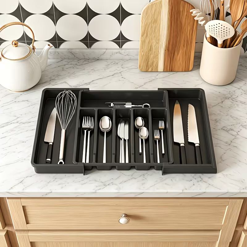 Expandable Utensil Tray For Kitchen, BPA Free Flatware And Cutlery Holder, Adjustable Plastic Storage For Spoons Forks Knives