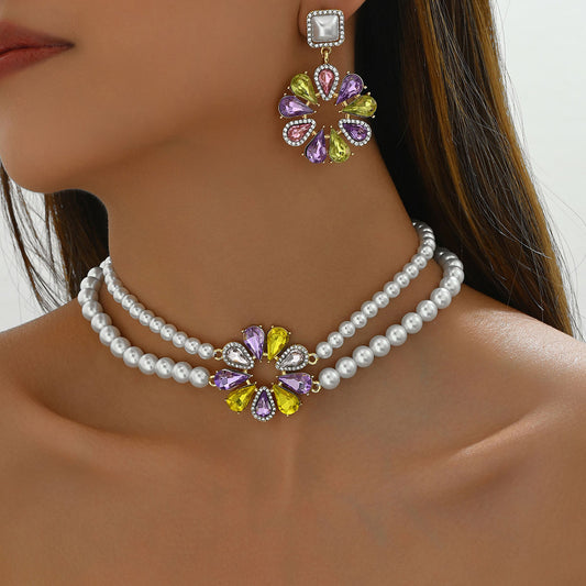 Cross-border Vintage Commute Style Women Jewelry Set, Floral Design Versatile Niche Premium Texture Beaded Matching Necklace & Earrings