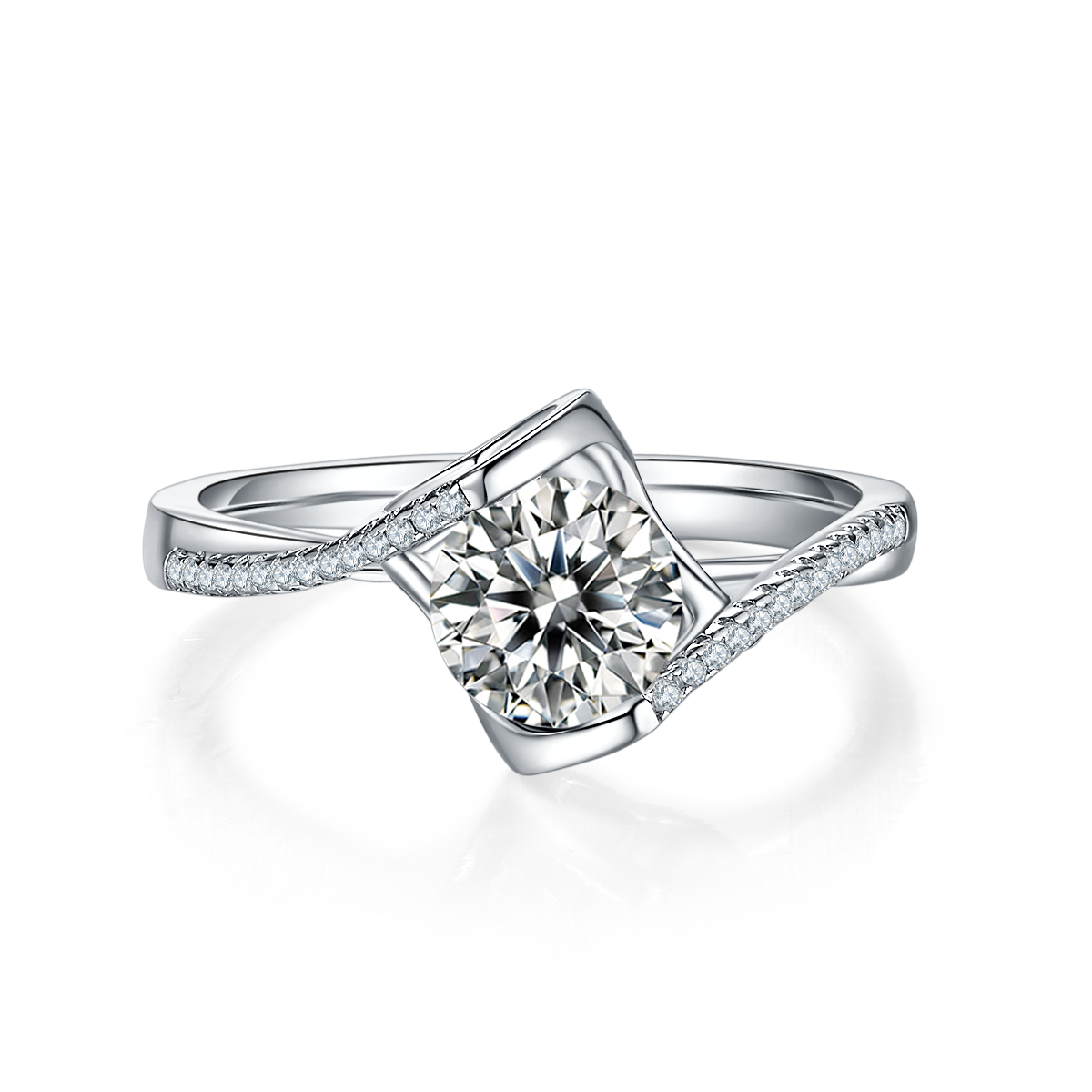 S925 Sterling Silver 1ct Moissanite Engagement Ring, D-VVS1 Round Cut With Heart Setting & Pave Band, Platinum Plated, US Sizes 5-9, GRA Certificate Gift Box
