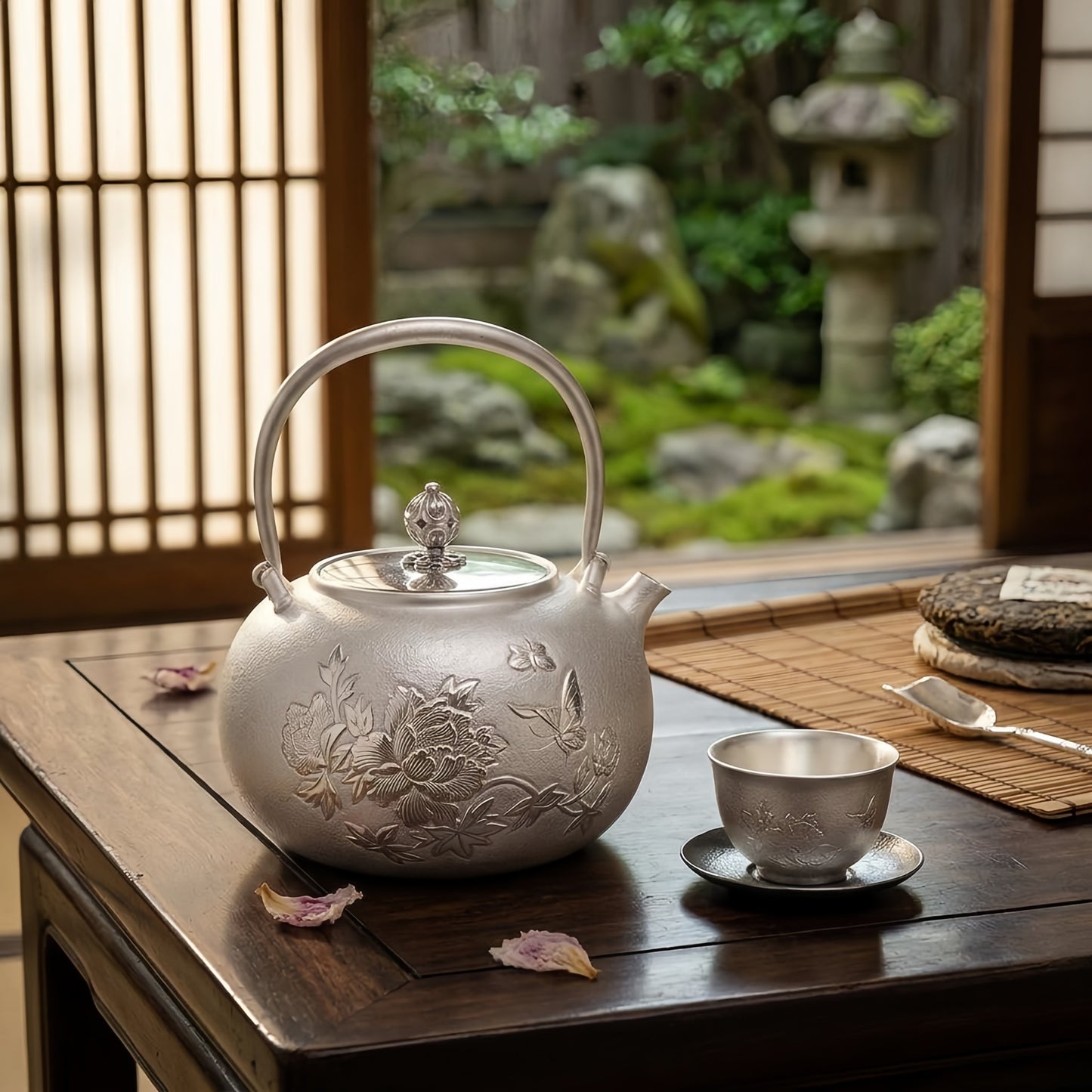 925 Sterling Silver Handcrafted Sterling Silver Tea Kettle Featuring Exquisite Peony and Butterfly Relief - Handicraft