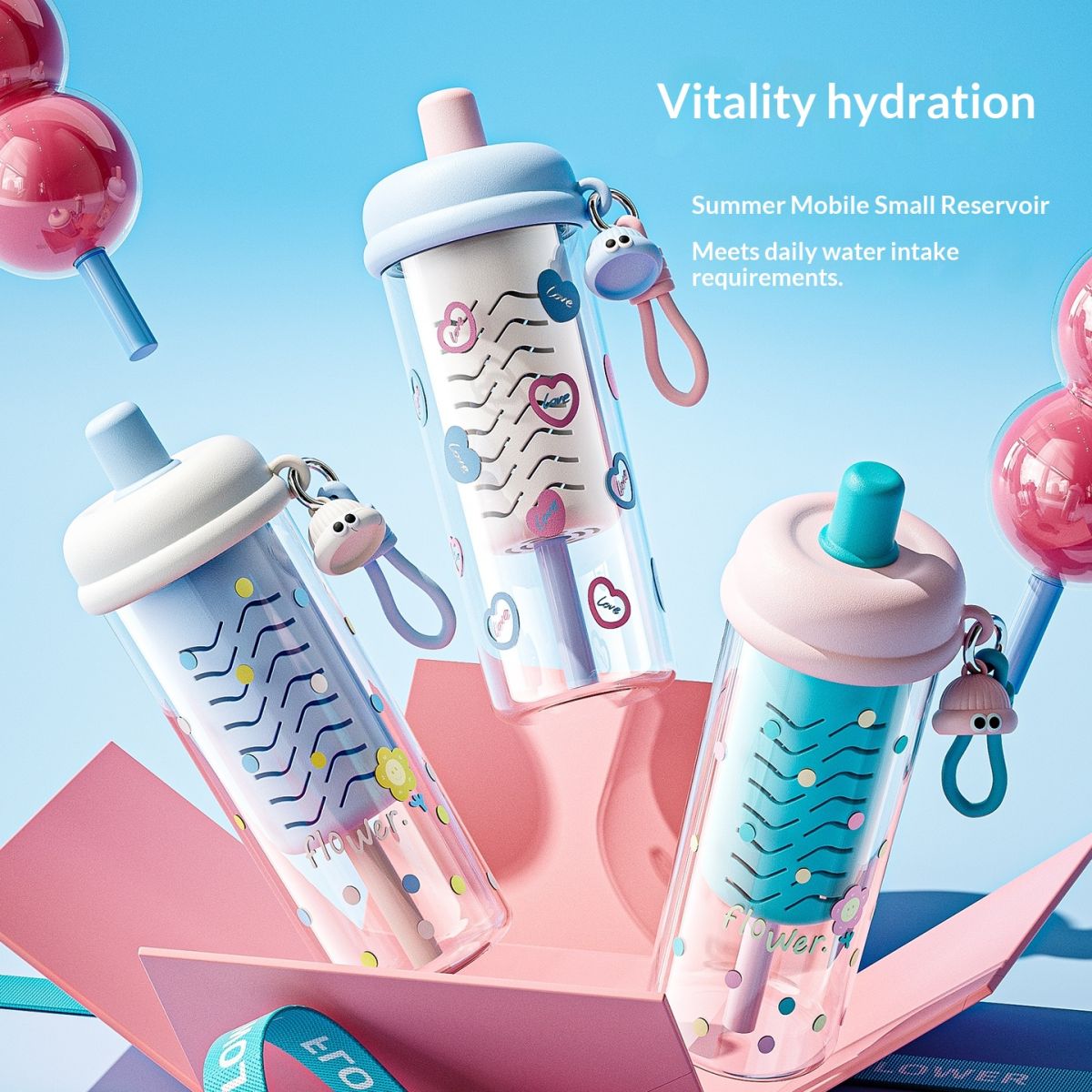 Tritan Straw Plastic Cup Portable Water Bottle With A Carrying Strap And A Cute Tea Infuser