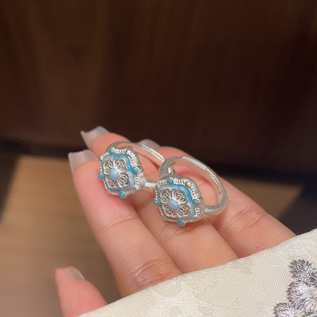 1pcs 999.9 Sterling Silver Filigree Enamel Treasure Flower Ring, Luxury Retro Style, Ideal For Birthdays & Holiday Gifts