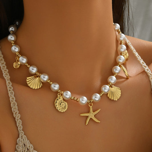 New European American Ocean Style Women Necklace, Niche Metal Pendant Chain With Starfish, Shell & Faux Pearl Design, Versatile Daily Neck Accessories