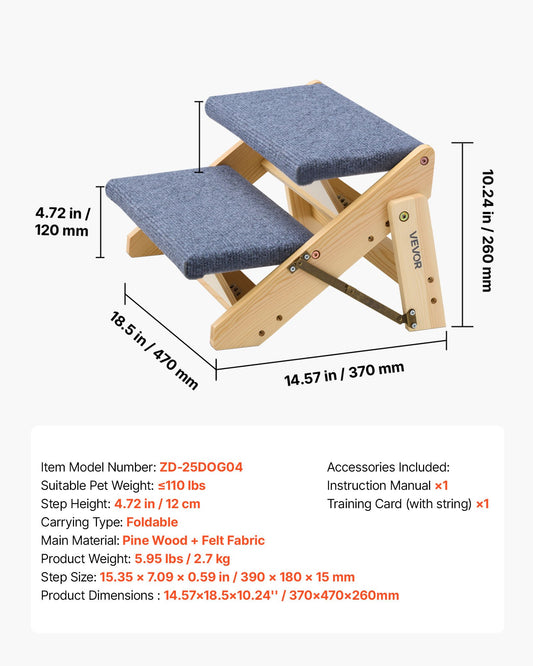 Wood Pet Stairs, 2-Step Dog Stairs For Beds, Sofa & Cars, 110lbs Load Capacity, Floded Flat Design, Stable & Sturdy Cat & Dog Step Ladder For Small Medium Large Older Pet Puppy Essentials