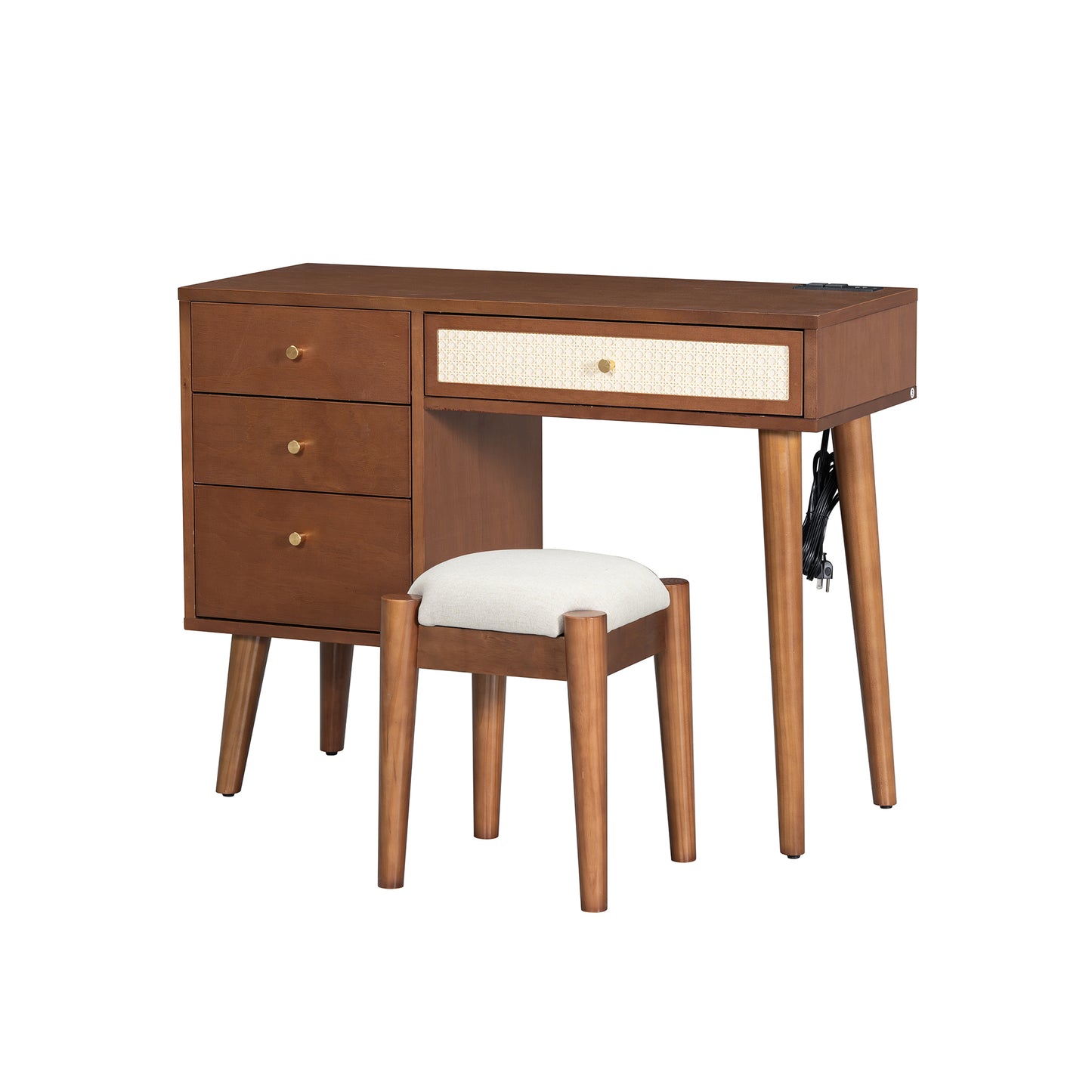 39  Retro Bohemian Style Wooden Makeup Vanity Set With Charging Plug&USB Port And Stool, Dressing Table With 3 Storage Drawers And 1 Rectangular Rattan Drawer, Walnut