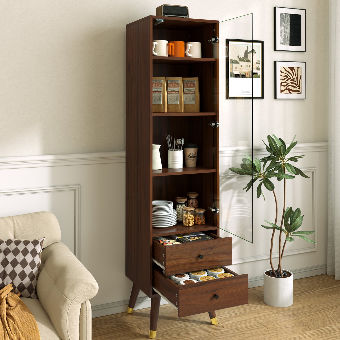 Modern Tall Cabinet With Glass Door, Display Cabinet With Adjustable Shelves And 2 Drawers, Standing Cabinet For Living Room, Bathroom & Office In Walnut Look