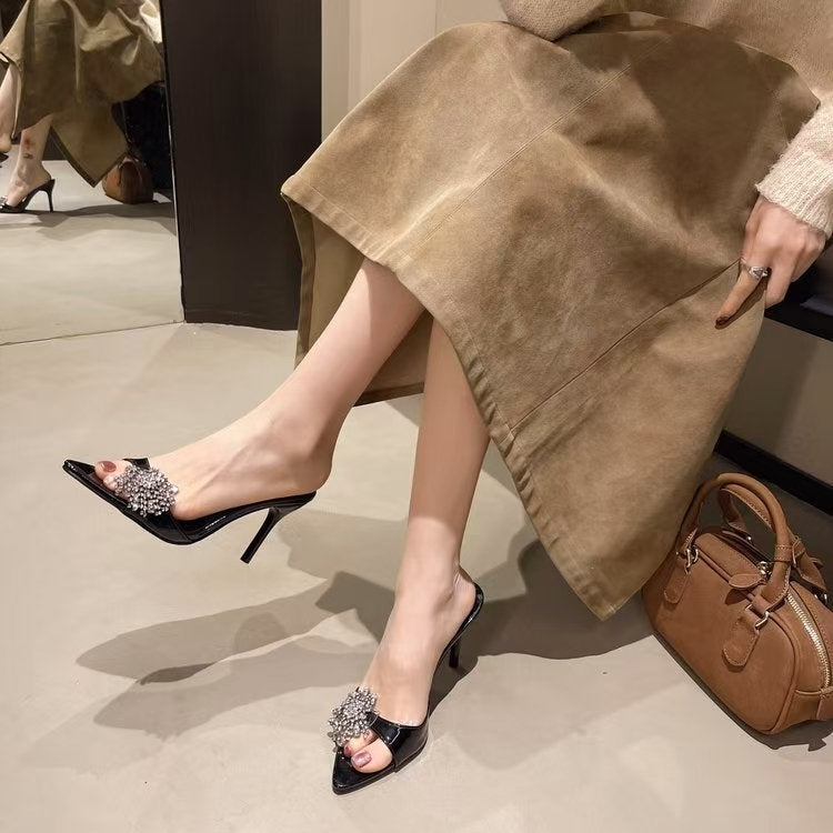 New Open Pointed Toe Floral Rhinestone Patent Leather One-Strap Slides, Sexy Outdoor Stiletto High Heels For Women, Silver Footwear