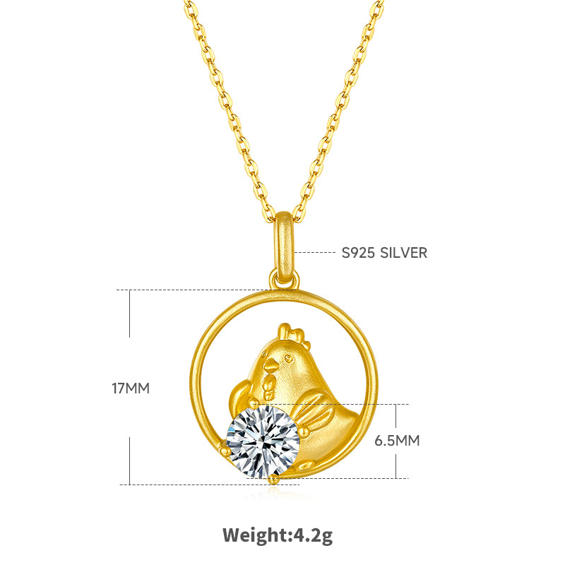 S925 Sterling Silver Gold Plated 1ct D Color VVS1 Moissanite Rooster Zodiac Necklace 4.2g Benmingnian Gift GRA Certified Gift Box