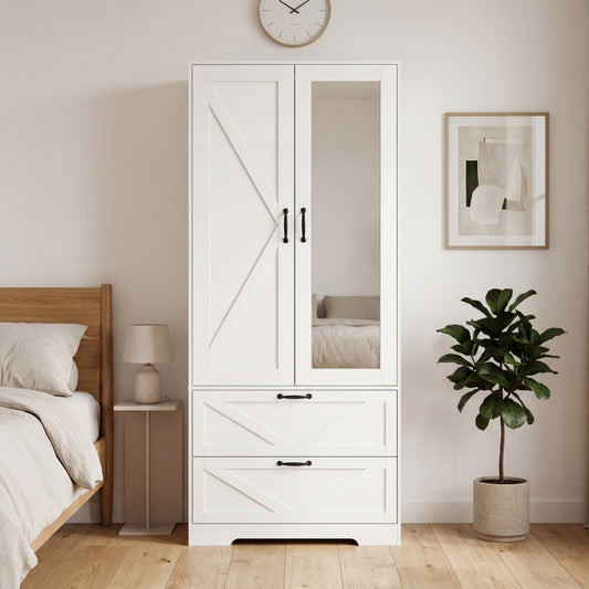 2 Door Wood Wardrobe For Bedroom With Hanging Clothing Rod Inside The Cabinet And 2 Drawers For Storage Organization, Built-in Induction Light Multifunctional Closet With Mirror, White