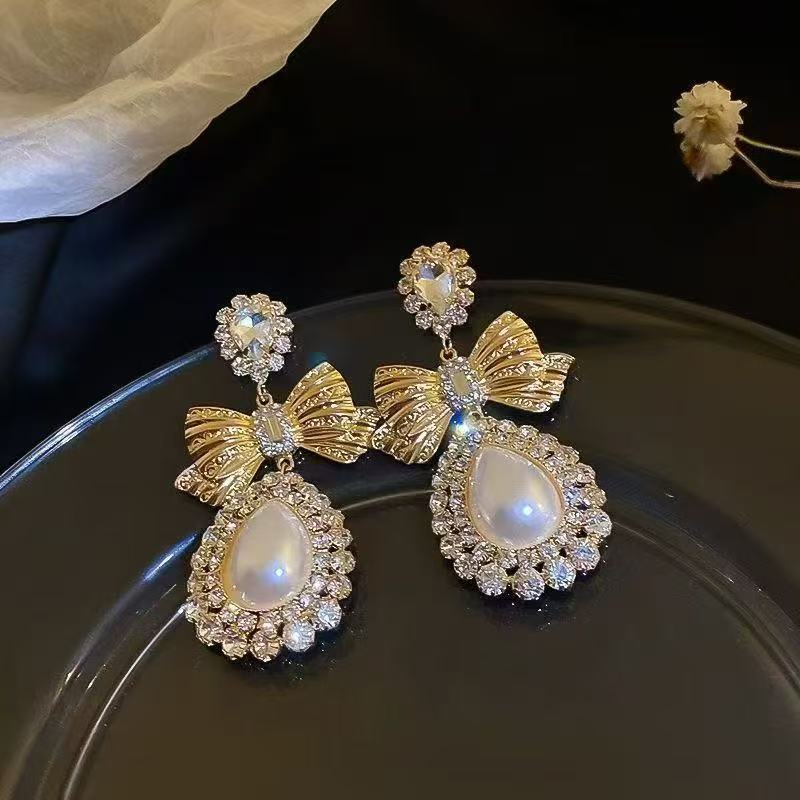 Korean Elegant Pearl Bow Drop Earrings For Women, Water Drop Vintage Palace Celebrity Style Light Luxury Fashion Stud Jewelry