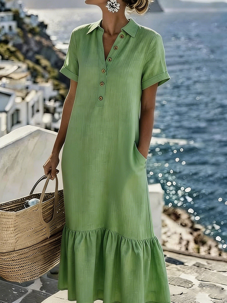 Summer New Womens Casual Loose-Fit Fashionable Pleated Lapel Short-Sleeve Plus-Size Shirt Dress