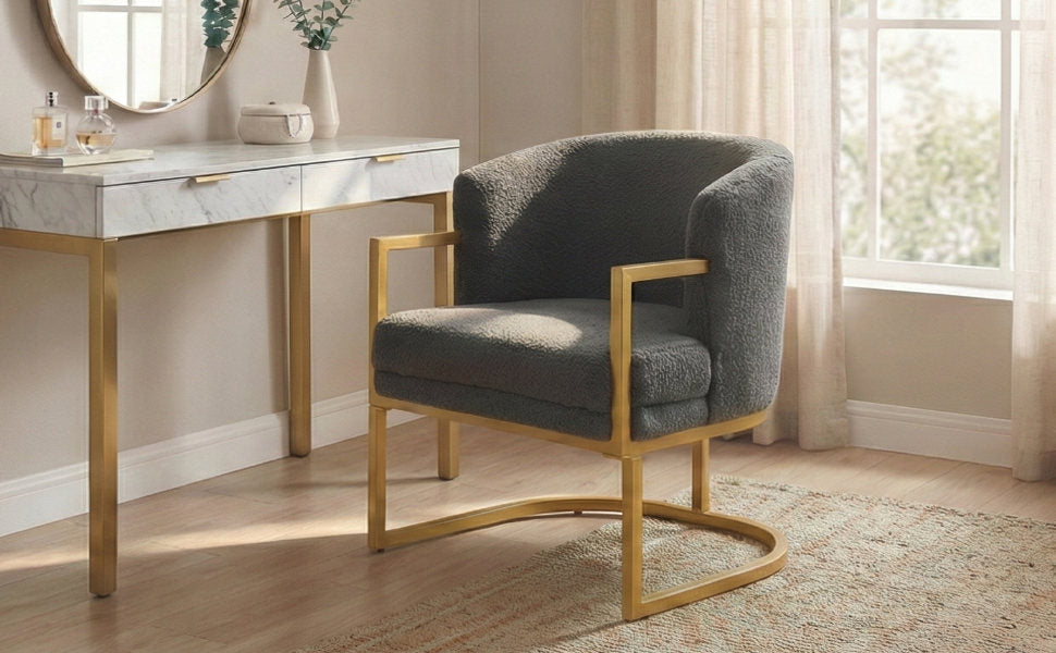 Modern Accent Chair Cozy Armchair Upholstered Reading Chair with Gold Metal Frame Living Room, Bedroom, or Office, Grey