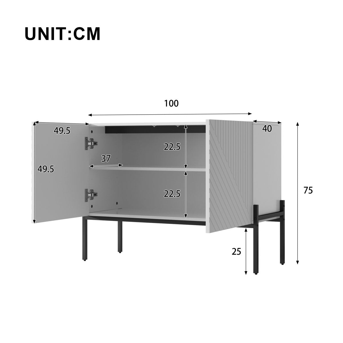 Modern Sideboard Cabinet With 2 Doors And Metal Legs, Buffet Storage Cabinet With Line Design, Accent Cabinet For Living Room, Dining Room & Entryway, 100 X 40 X 75 Cm