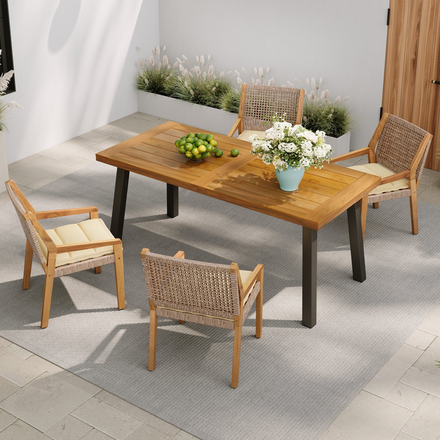Outdoor Dining Set -Premium Acacia Wood Della Table & Wicker Chairs With Cream Cushion For Comfortable Dining Experience,Suitable For Large Gatherings 1 Table   4 Chairs