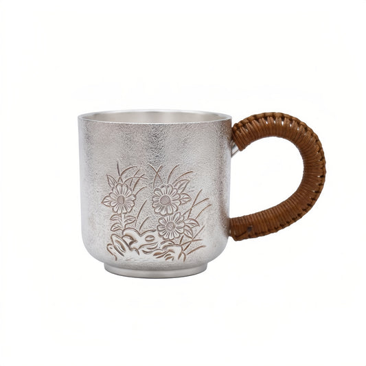 925 Sterling Silver Elegant Silver Tea Cup with Embossed Floral Design and Woven Rattan Handle - Handicraft