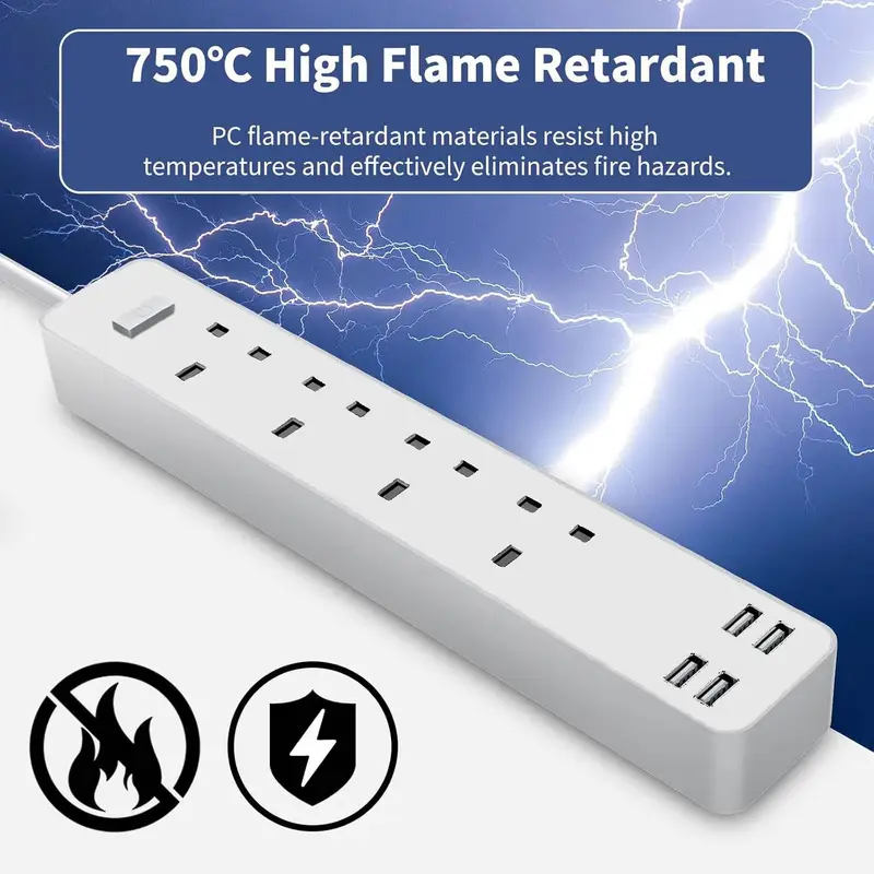 4-Socket Extension Lead With 4 USB 3.4A Smart Fast Charging Total Control 13A 3120W 1.6m Cord Fireproof PC & ABS UK