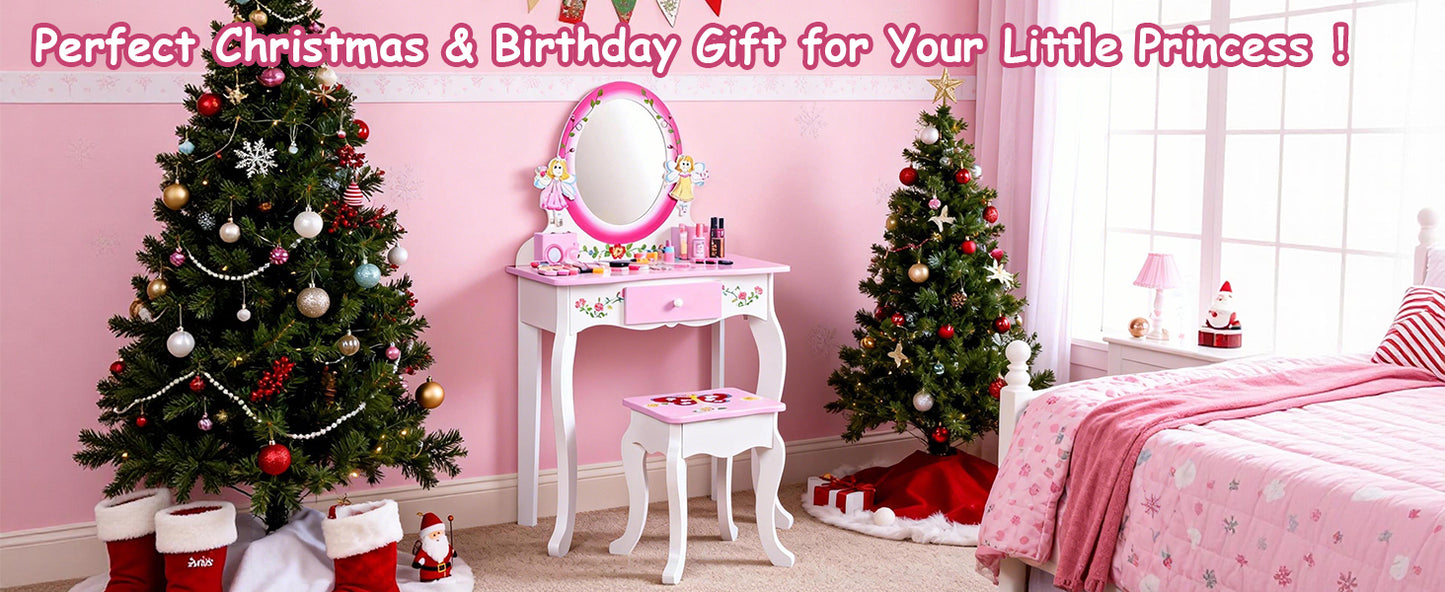 Kids Vanity Set Floral Printed Wooden Makeup Dressing Princess Table With Mirror And Stool For Role Playing Pink