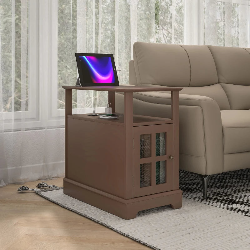 Narrow Side Table End Table With Charging Station, USB Ports, Modern End Table With Storage For Living Room, Brown