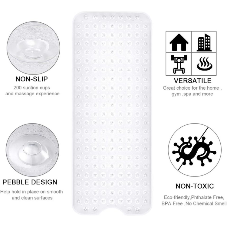 Bath And Shower Safety Mats 40x16 Inch, Non Slip With Suction Cups For Bathroom Stall And Tub Floor, Extra Large And Machine Washable, Drain Holes Keep Bathtub Clean, Clear