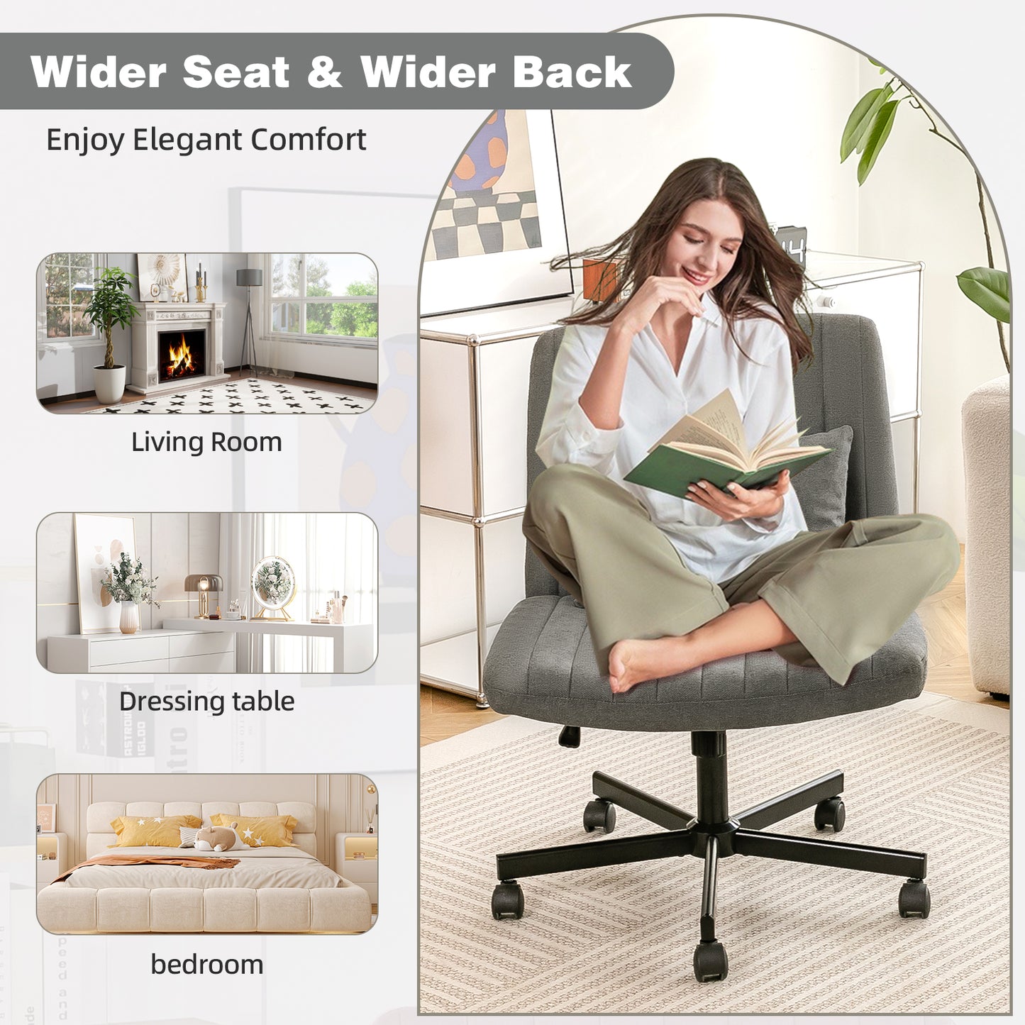 Modern Office Chair Home Office - Height-adjustable Swivel Chair Without Armrests With Quiet Castors & Upholstered Cushions -Elegant Fabric Office Chair For Study & Living Room