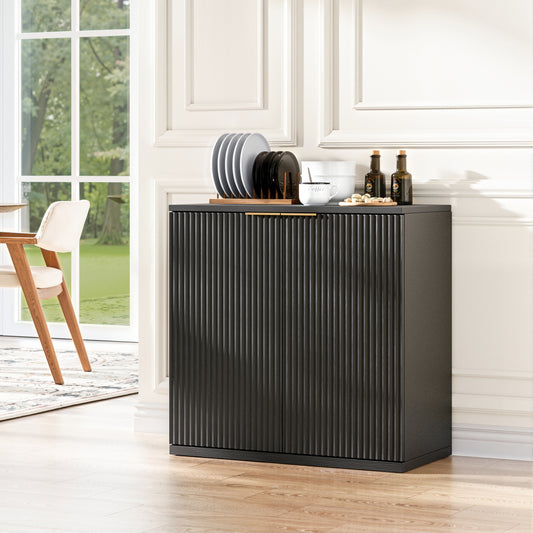 Modern Storage Cabinet With Pleated Front And Metal Handle, Multifunctional Sideboard Cabinet For Living Room & Bedroom, Natural Light Wood Decor, Black, 60x30x70 Cm