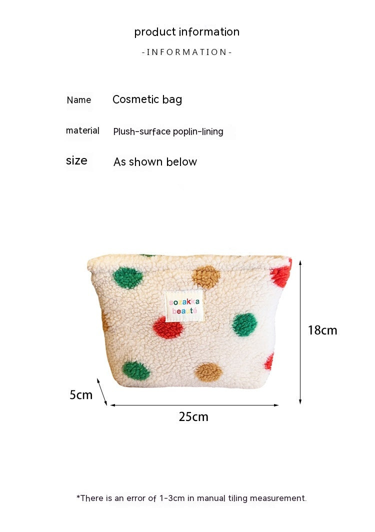 Winter Plush Color Polka Dot Large Capacity Travel Skincare Cosmetic Storage Bag