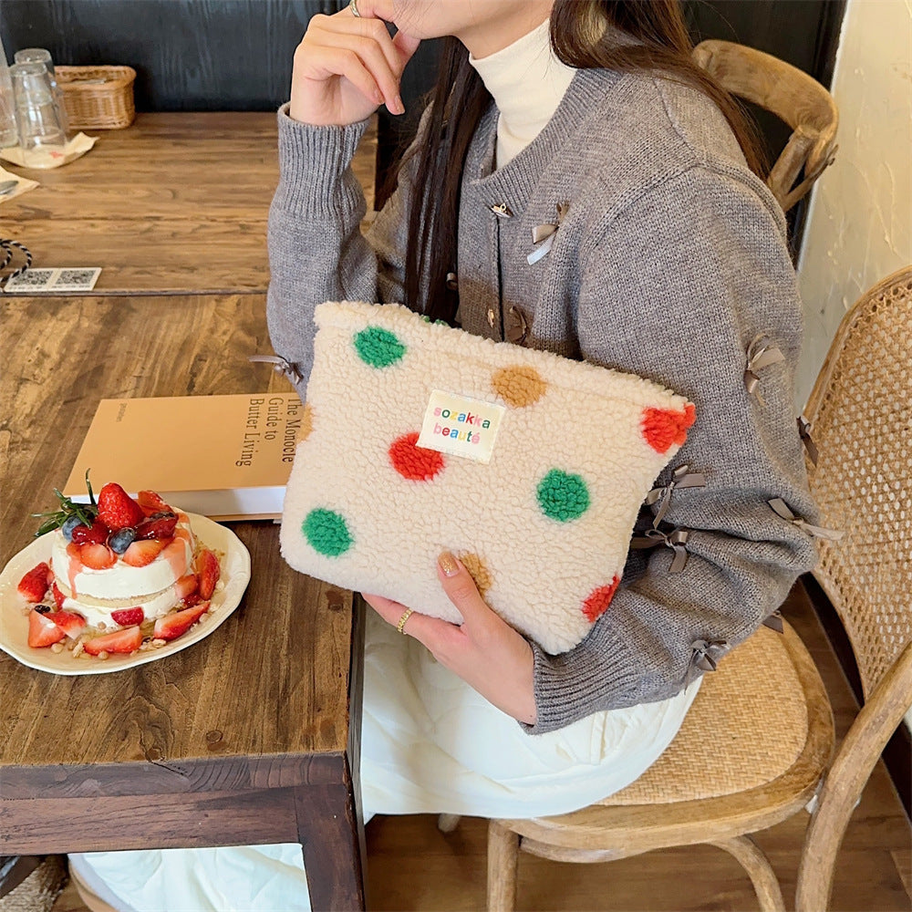 Winter Plush Color Polka Dot Large Capacity Travel Skincare Cosmetic Storage Bag
