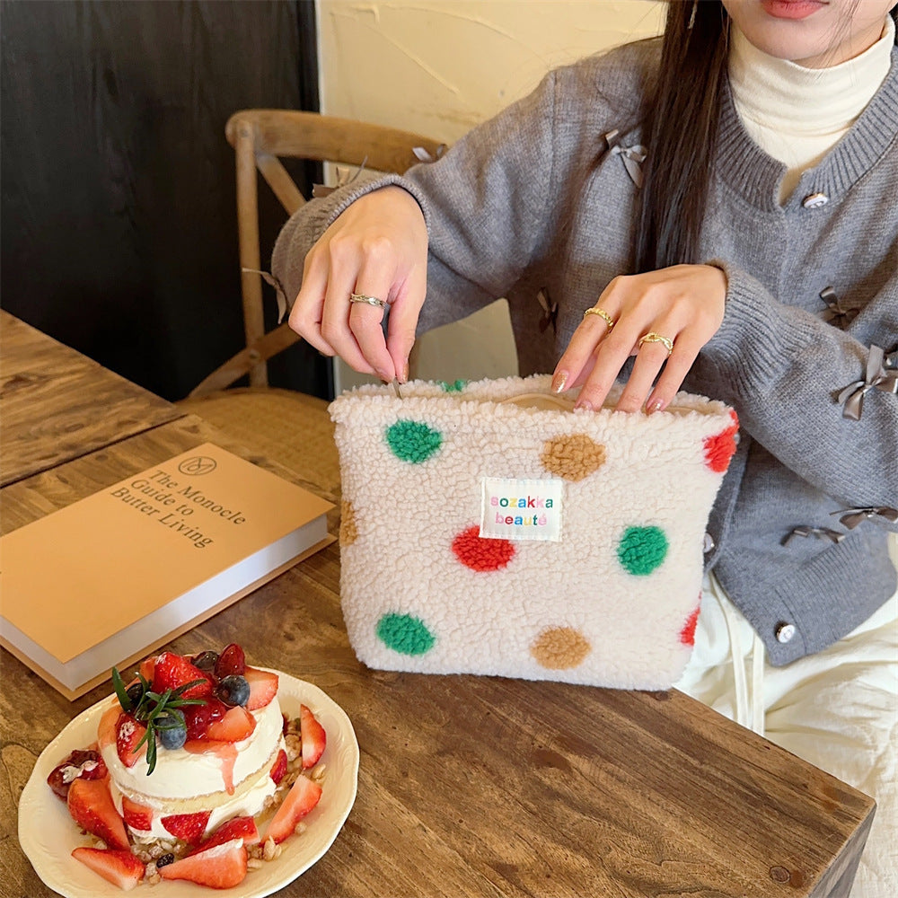 Winter Plush Color Polka Dot Large Capacity Travel Skincare Cosmetic Storage Bag