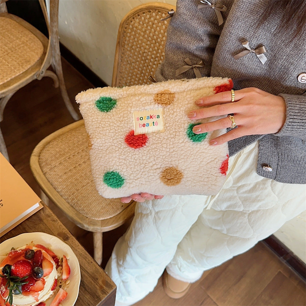 Winter Plush Color Polka Dot Large Capacity Travel Skincare Cosmetic Storage Bag