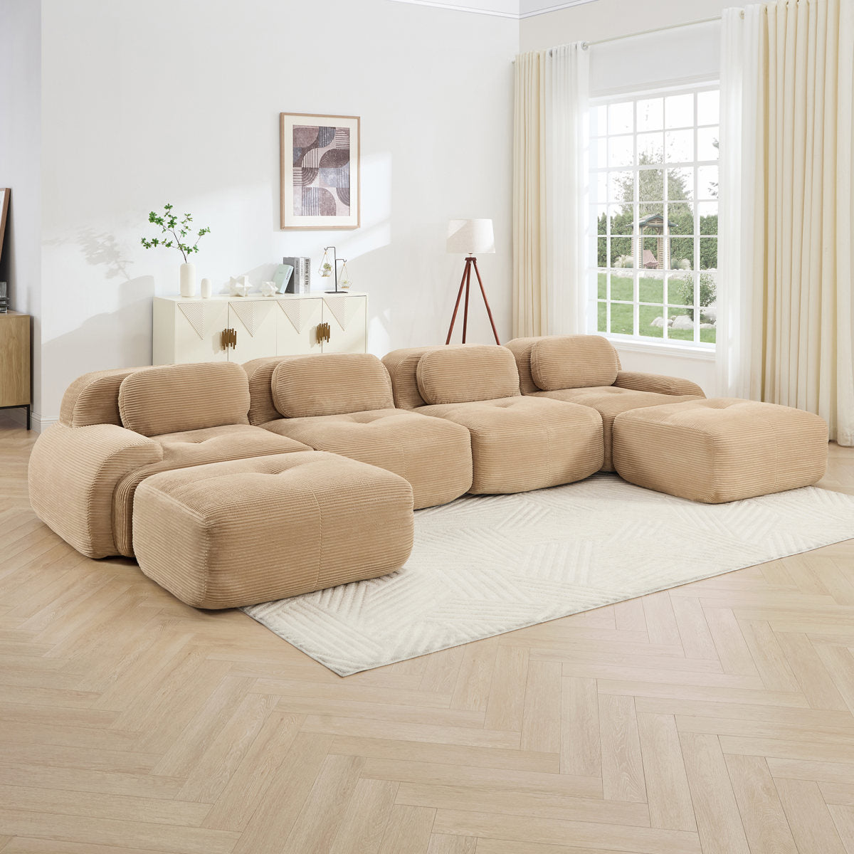 U-shaped Modular Sofa No Assembly Breathable Corduroy Fabric 32D High-resilience Sponge Extra-wide Curved Armrests Pet-friendly Ergonomic Design For Living Rooms Bedrooms,Camel