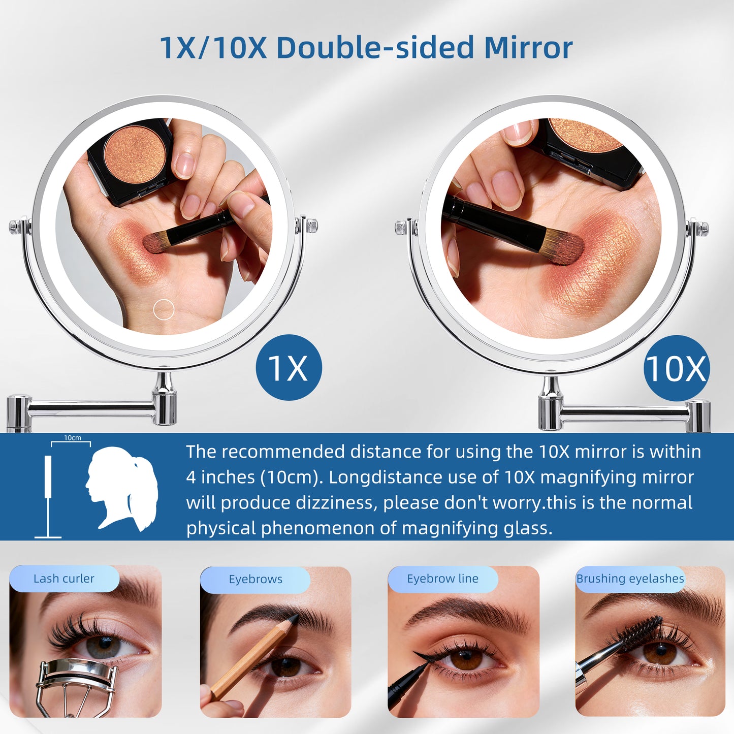 Wall Mounted Lighted Makeup Mirror,1000mAh Rechargeable Double Sided 1X 10X Magnifying Mirror With Light,3 Color Lights,Touch Dimmable,Extended Arm 360 Rotation Wall Mounted Makeup Mirror
