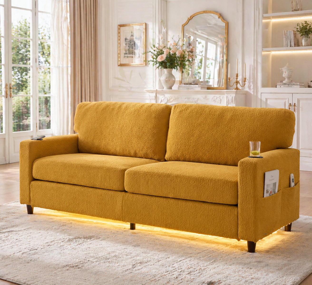 Modern 2-person Chenille Sofa With USB-C, LED Ambiance, Cup Holders And Side Pockets. Wood Metal Frame With Comfort Foam. Ideal For Living Room, Bedroom Or Office. Mustard Yellow