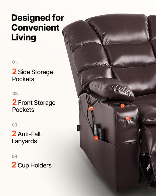 Power Lift Recliner Chair, Triple-Motor, Large Electric Lift Chair With Heat And Massage For Elderly, Infinite Position Adjustment, Leather Surface, With Storage Pockets And Cup Holders, Brown