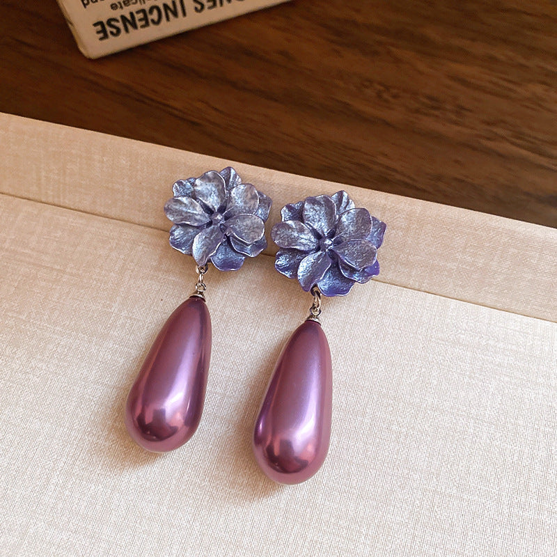 Sweet Korean Purple Rhinestone Earrings For Women Crystal Flower Studs Luxury Versatile