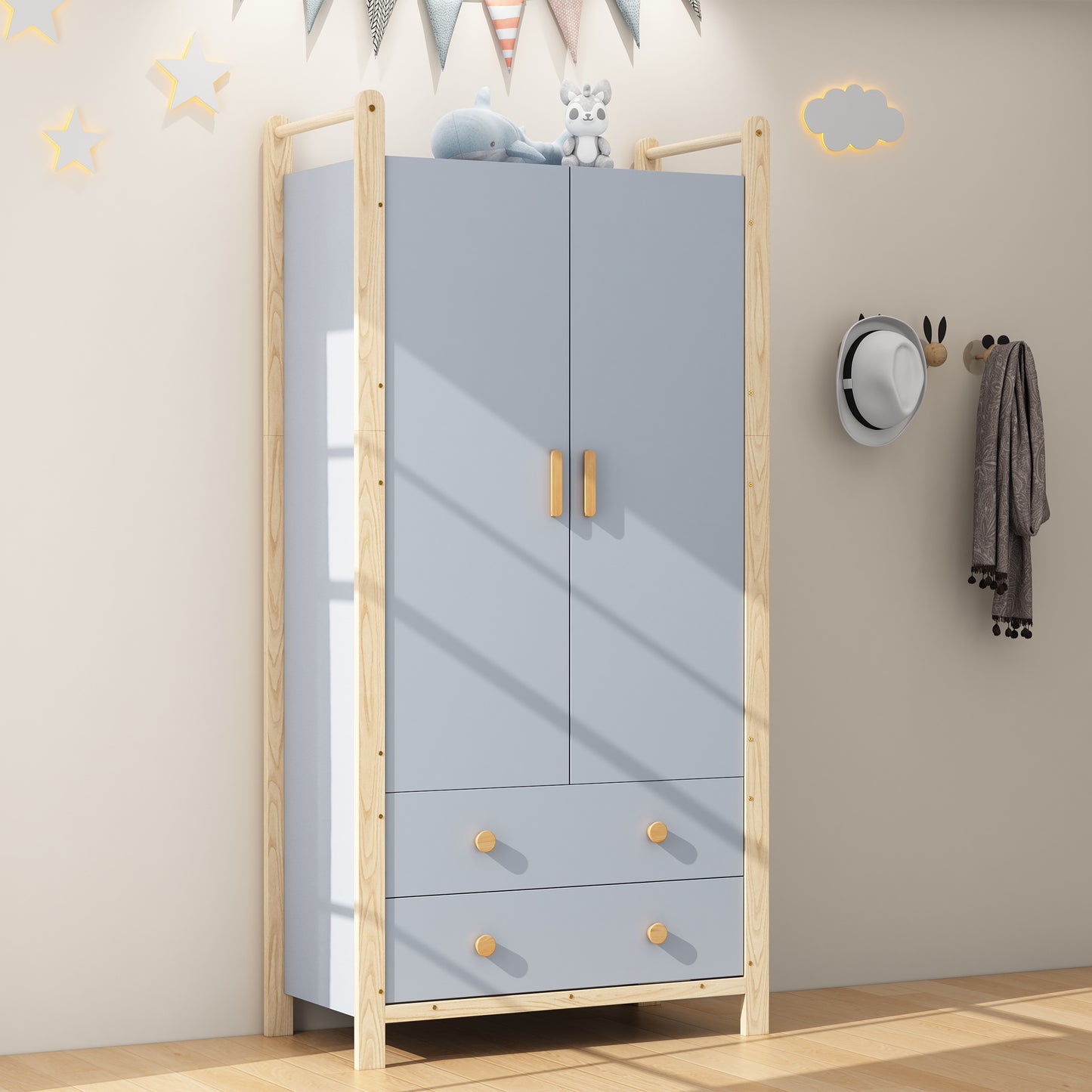 2-door Wardrobe, Wardrobe With Clothes Rail, 2 Drawers, Suitable For Bedroom, Living Room, Hallway Wardrobe, Made Of Chipboard, Blue Body  Pine Frame, 90X45X180cm