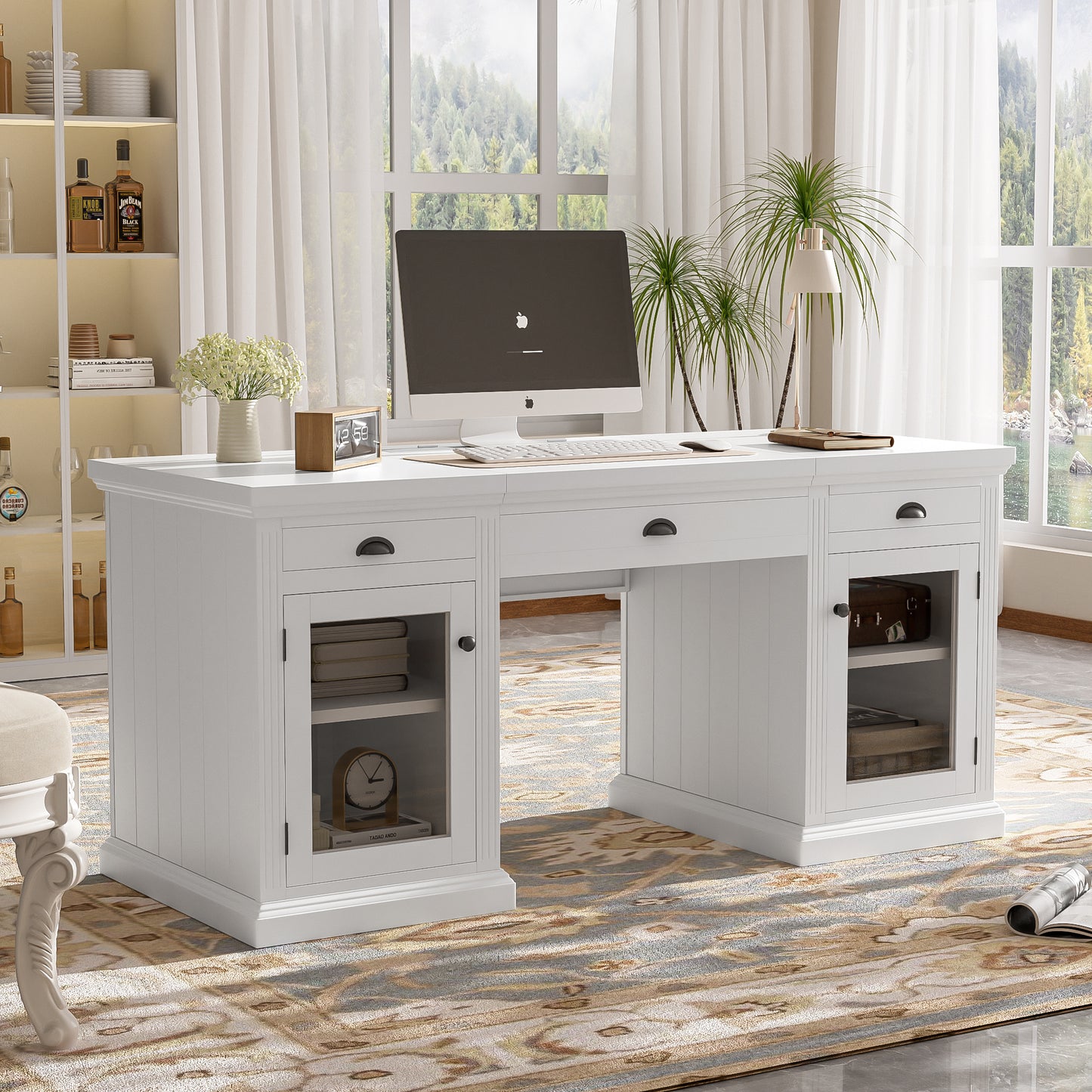 67 Modern Executive Desk,Computer Desk With 2 Glass Doors Storage Cabinet And 3 Drawers, Rectangle Home Office Desk  ,Reading Desk,Writing Table,Workstation For Home Office,Living Room,Study,White