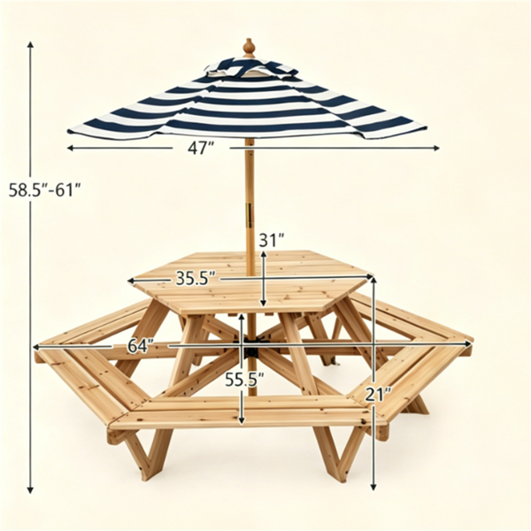 6-Seat Hexagonal Kids Picnic Table With Umbrella, Solid Fir Wood Outdoor Table & Bench Set For Backyard Garden, Age 3-8