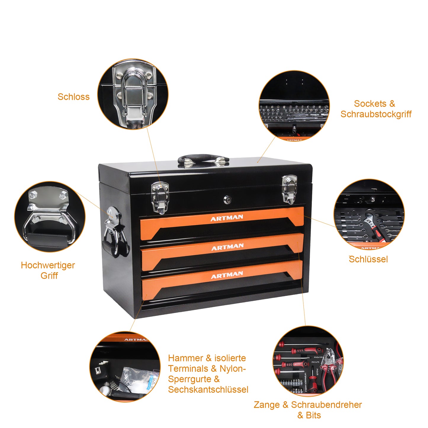 20in Portable Three-layer Clay Box, Four-tier Tools, Metal Latches, Top Cargo Space And Other Accessories. They Are Suitable For Garages, Apartment Or Work Table, Black & Orange  BLACK&Orang