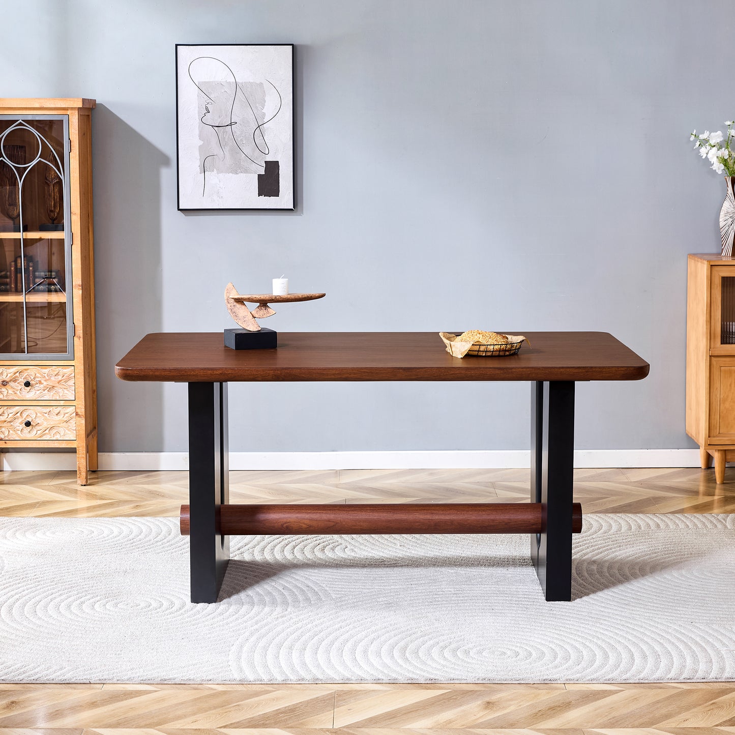All-MDF Walnut & Black Dining Table, Modern Compact Kitchen Table For Small Spaces, Sturdy Home Apartment Dining Room Furniture With Sleek Two-Tone Finish