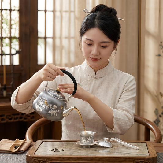 925 Sterling Silver Elegant Hammered Silver Tea Kettle Featuring Gilded Bird and Floral Motifs - Handicraft