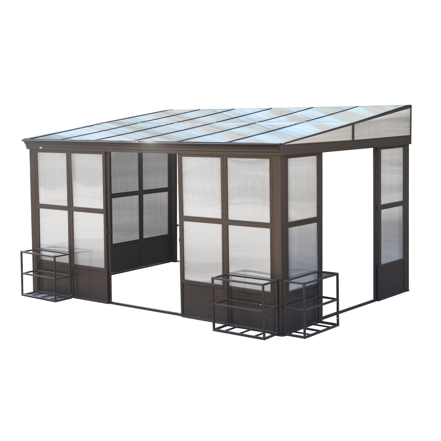 10x14FT All Season Sunroom, Outdoor Permanent Wall Mounted Solarium With Detachable Polycarbonate Windows, Aluminum Lean To Gazebo Sun Room With 3 Lockable Sliding Doors For Garden Patio Deck