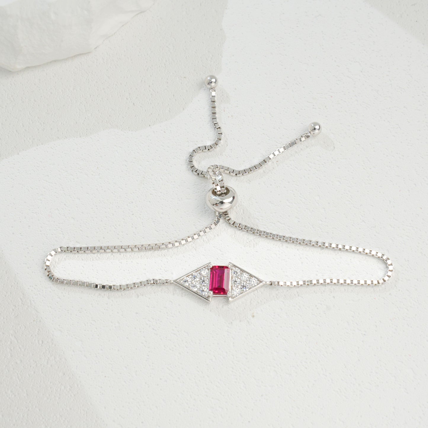 S925 Sterling Silver Rectangle 6x4mm Lab-Grown Emerald Ruby Bracelet 22cm Slider Adjustable Platinum Plated Gift Box