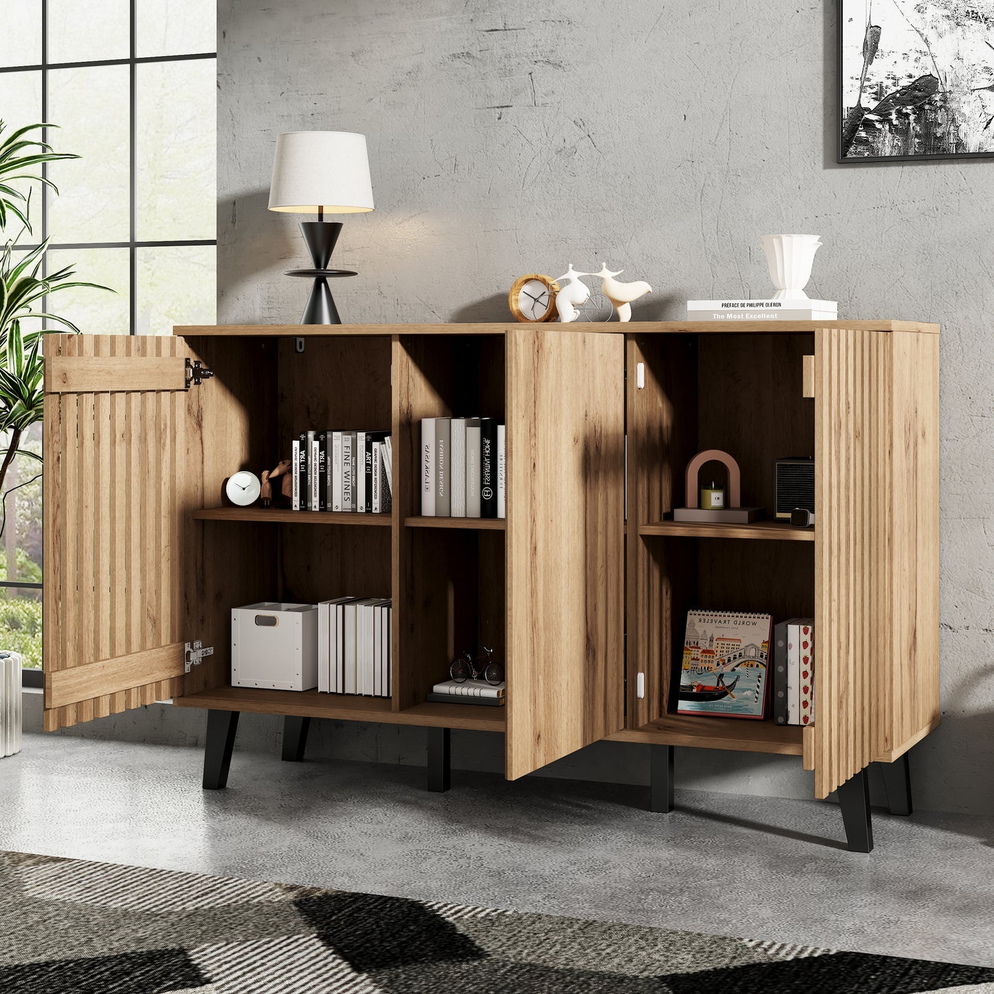 150x40x95cm Side Cabinet, Living Room Side Table, Sideboard, 3-door Wide Cabinet, 6 Divided Storage Compartments. Suitable For Living Room, Bedroom, Office And Entrance Area